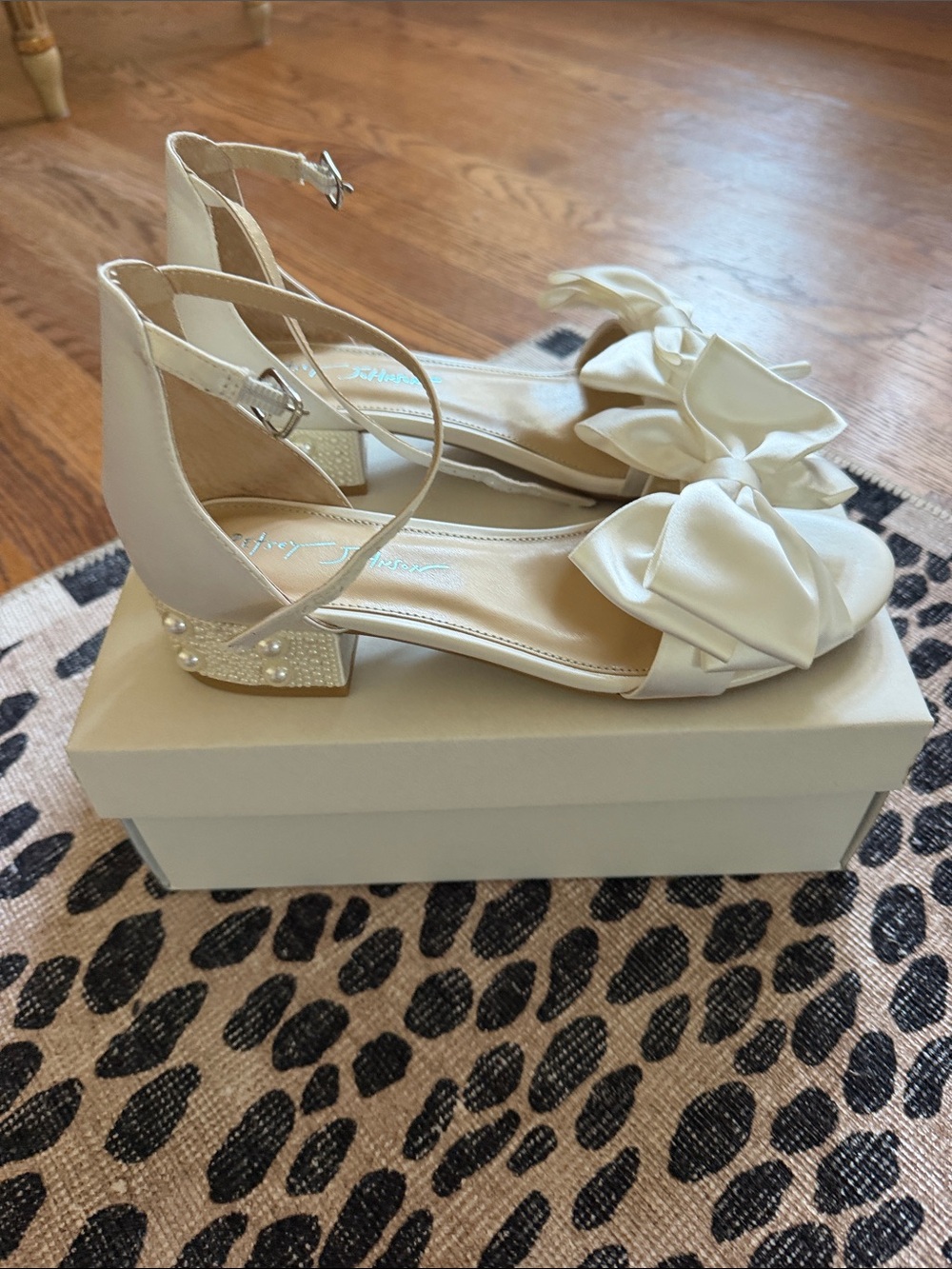 Betsey Johnson Ivory Bow Ankle-Strap Block Heel Sandals